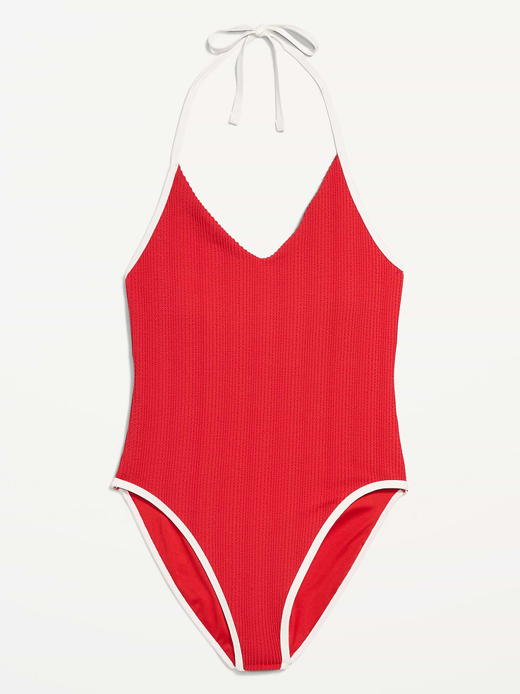 Image number 4 showing, Ribbed V-Neck Halter One-Piece Swimsuit