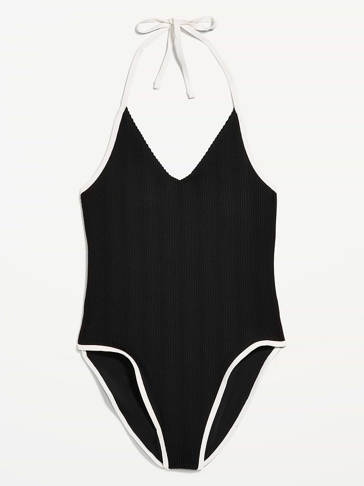 Image number 4 showing, Ribbed V-Neck Halter One-Piece Swimsuit