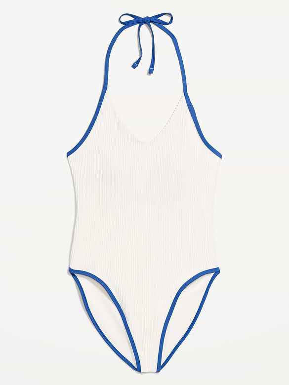 Ribbed V-Neck Halter One-Piece Swimsuit