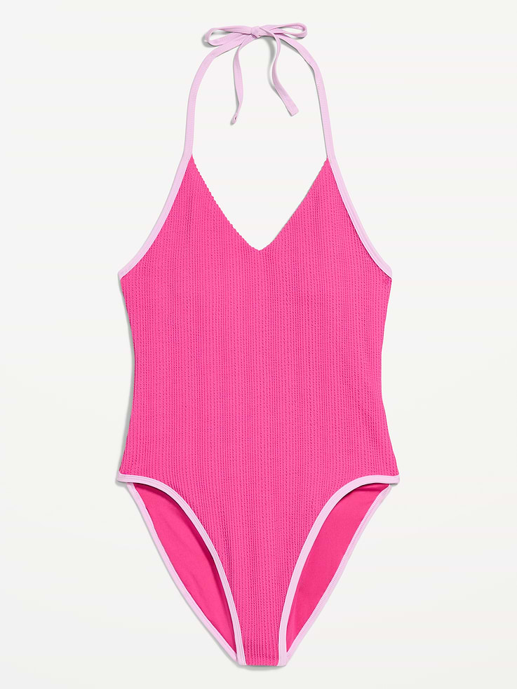 Image number 4 showing, Ribbed V-Neck Halter One-Piece Swimsuit
