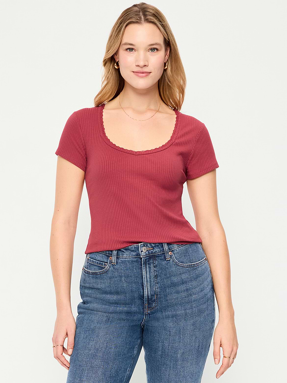 Lace-Trim Sweetheart-Neck Ribbed Top