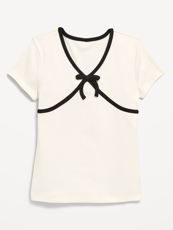 Fitted Short-Sleeve Ribbed Bow Top for Girls
