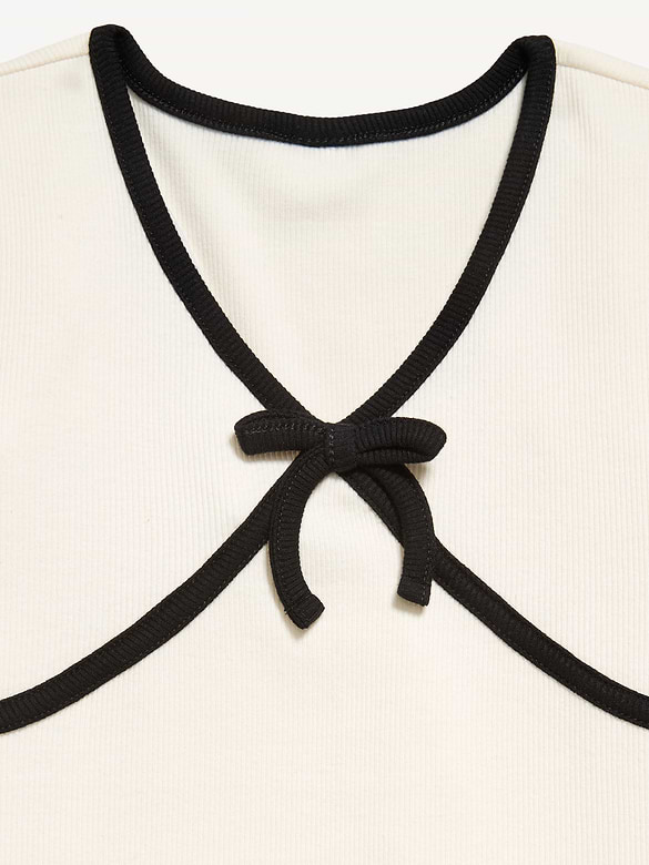 Fitted Short-Sleeve Ribbed Bow Top for Girls