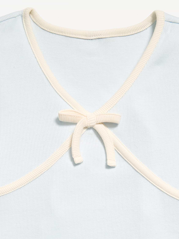 Fitted Short-Sleeve Ribbed Bow Top for Girls
