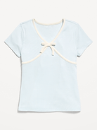 Image number 2 showing, Fitted Short-Sleeve Ribbed Bow Top for Girls