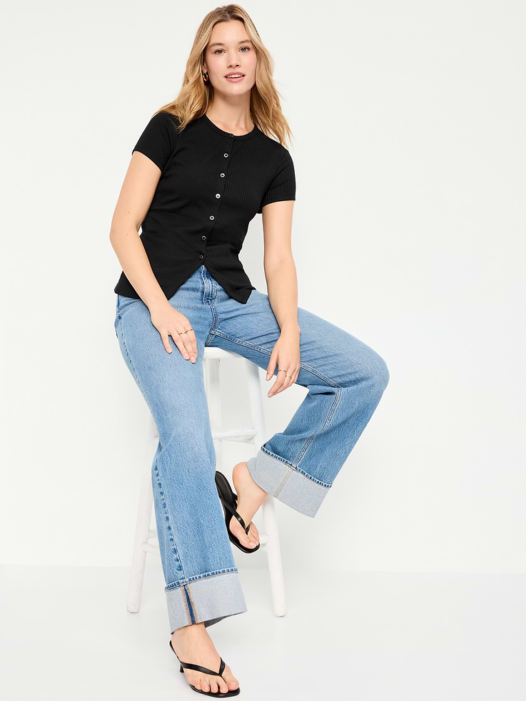 Image number 3 showing, Short-Sleeve Ribbed Button-Down Top