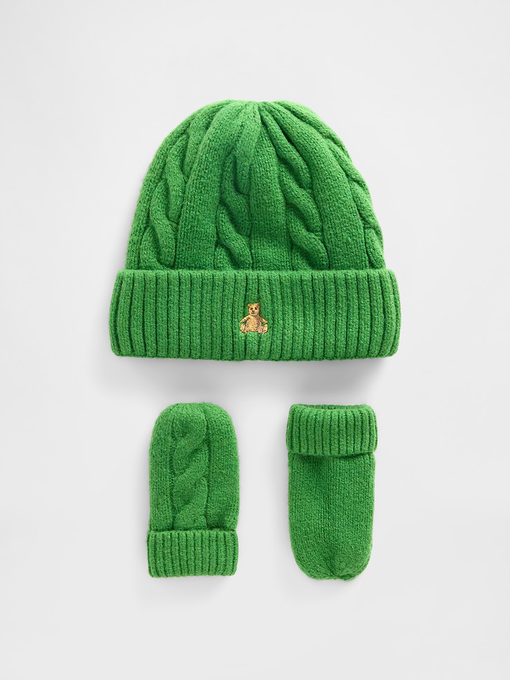 Image 2 of 3, Baby & Toddler CashSoft Cable-Knit Beanie & Mittens Set