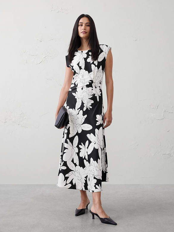 Boatneck Twist-Front Satin Midi Dress