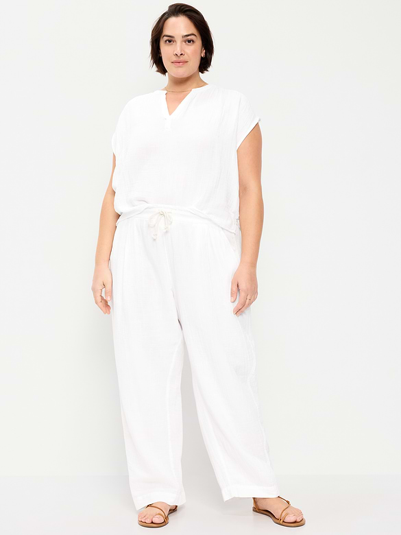 High-Waisted Crinkle Gauze Barrel Ankle Pants