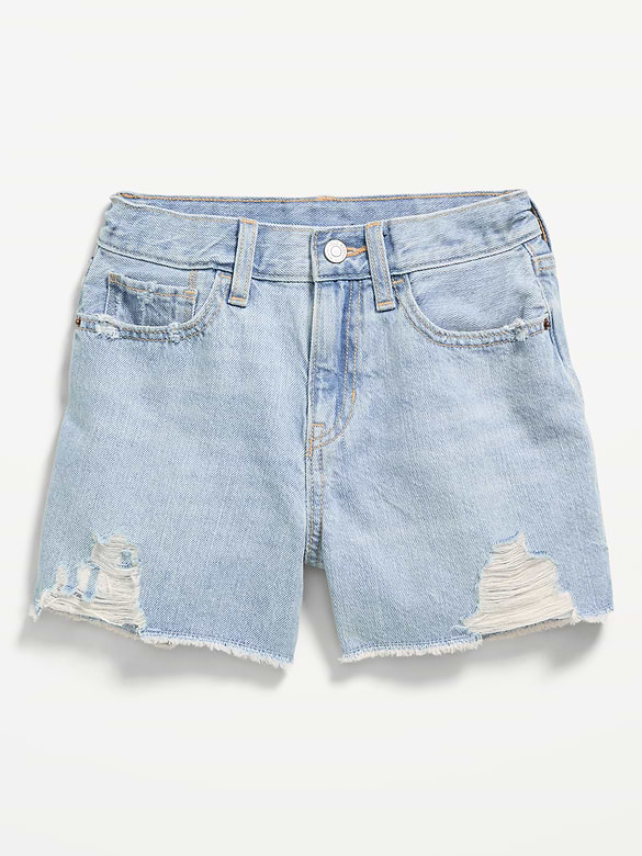 Short en denim à taille haute et à ourlet coupé et effiloché pour fille