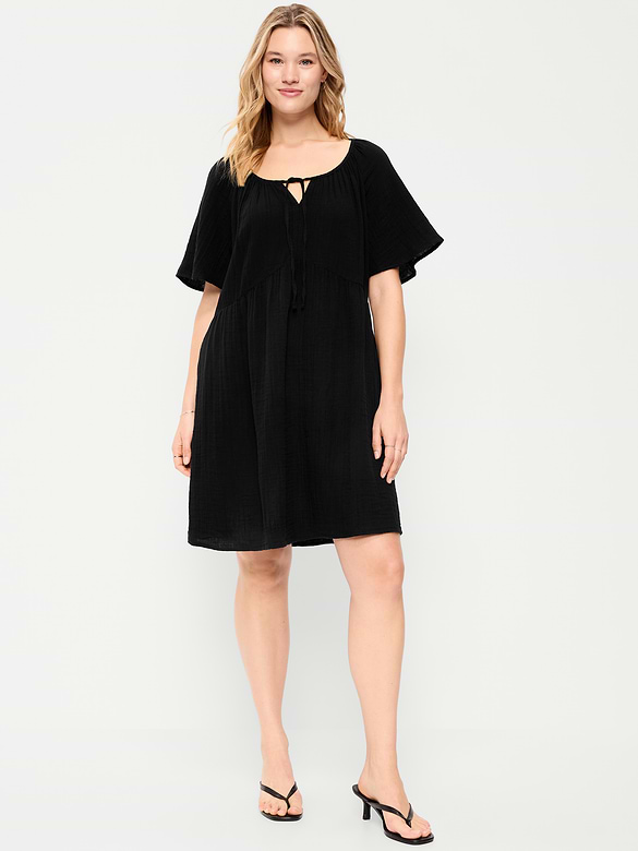 Crinkle Gauze Flutter-Sleeve Mini Swing Dress