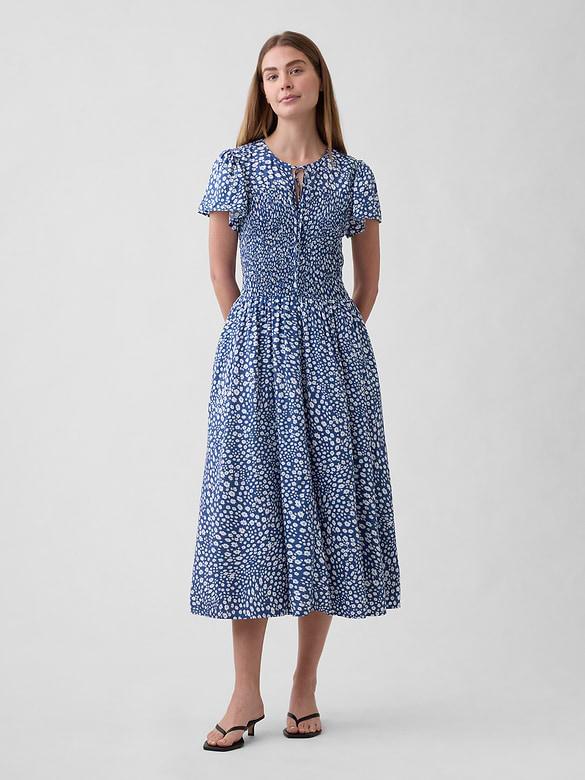 Smocked Flutter Sleeve Midi Dress