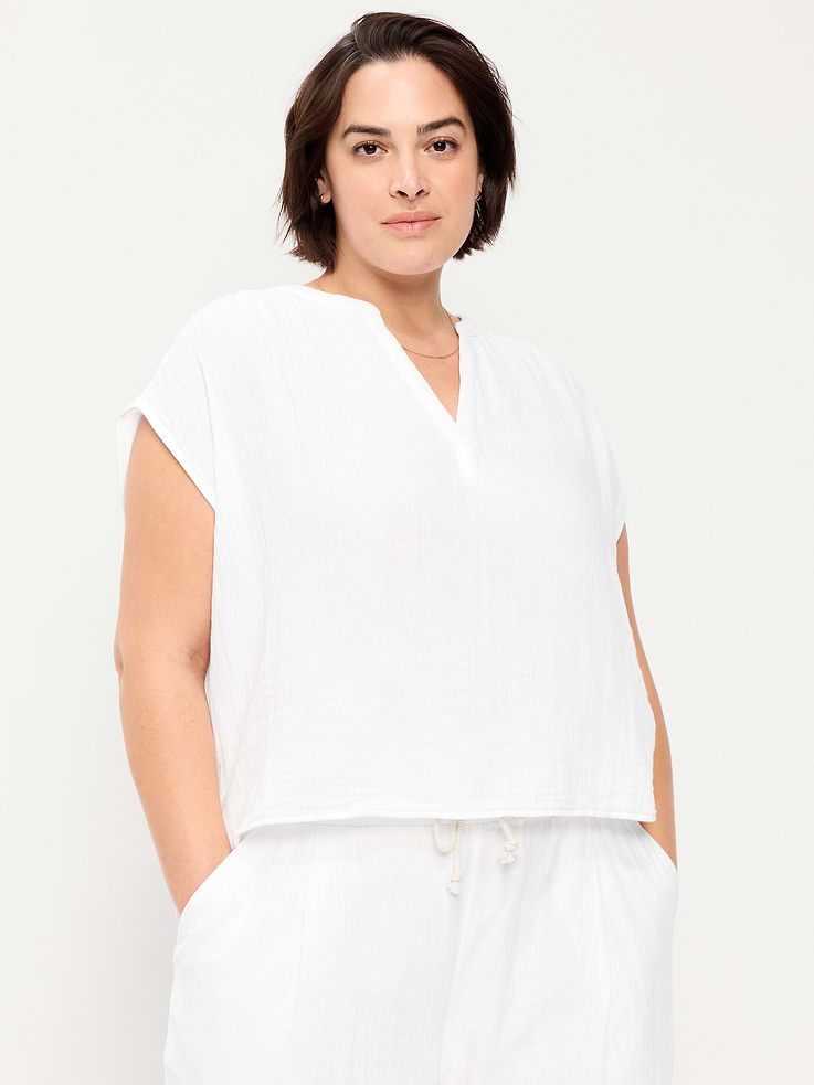 Image number 6 showing, Short-Sleeve Crinkle Gauze Popover Top