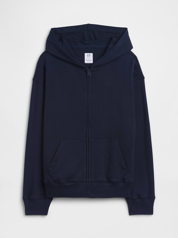 Image 1 of 3, This product is made with/contains 21% recycled polyester. Compared to virgin materials, using recycled materials helps reduce resource use and waste., Soft French terry., Dropped shoulder, long sleeves with banded cuffs., Hood, zip front., Kanga pockets., Banded hem., This product was made in a factory that invests in gender equity and women’s empowerment through RISE. Learn more at, Product #1172492