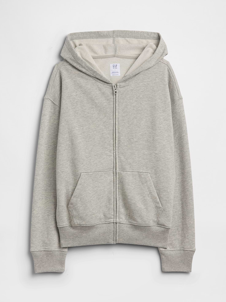 Image 1 of 3, This product is made with/contains 21% recycled polyester. Compared to virgin materials, using recycled materials helps reduce resource use and waste., Soft French terry., Dropped shoulder, long sleeves with banded cuffs., Hood, zip front., Kanga pockets., Banded hem., This product was made in a factory that invests in gender equity and women’s empowerment through RISE. Learn more at, Product #1172492