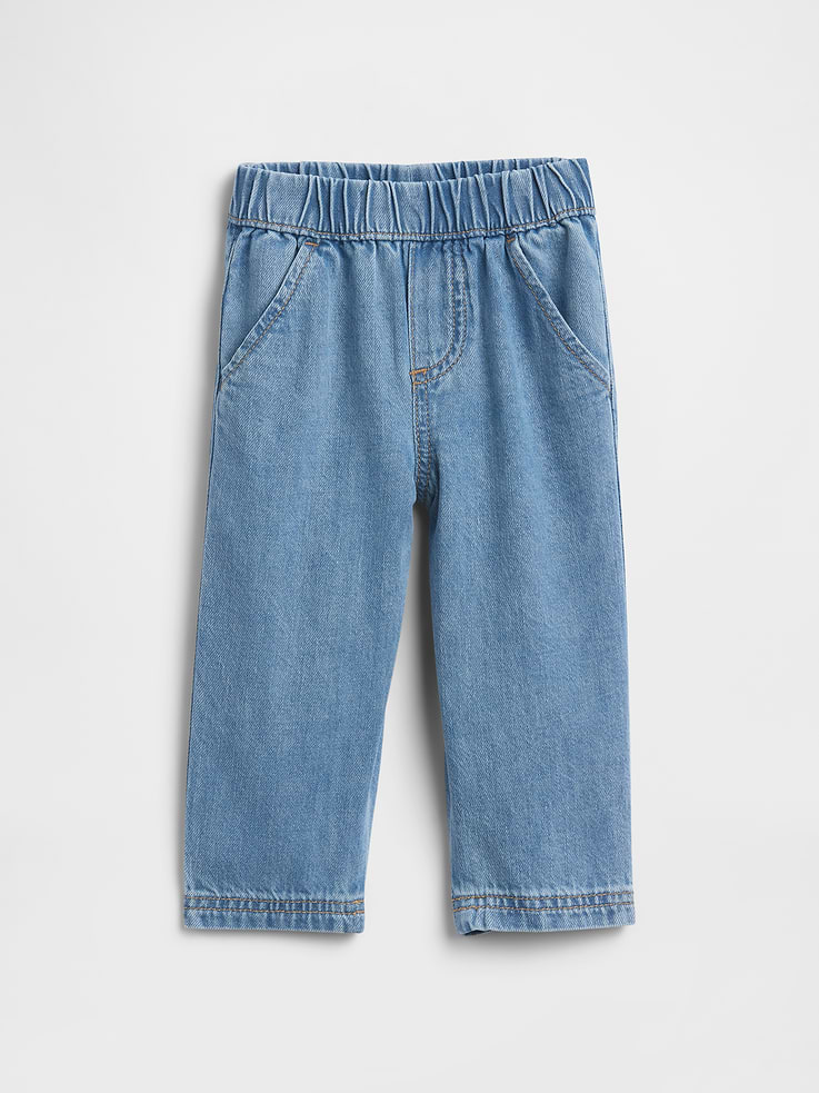 Image 1 of 4, This product is made with/contains 5% recycled cotton. Compared to virgin materials, using recycled materials helps reduce resource use and waste., This product is part of our water-saving Washwell program. Compared with conventional wash methods, Washwell uses at least 20% less water., Soft, non-stretch denim., Medium indigo wash with fading., Elasticized waist, faux fly., Front slant pockets, patch pockets at back., This product was made in a factory that invests in gender equity and women’s empowerment through RISE. Learn more at gapinc.com/equity., Product #1172703