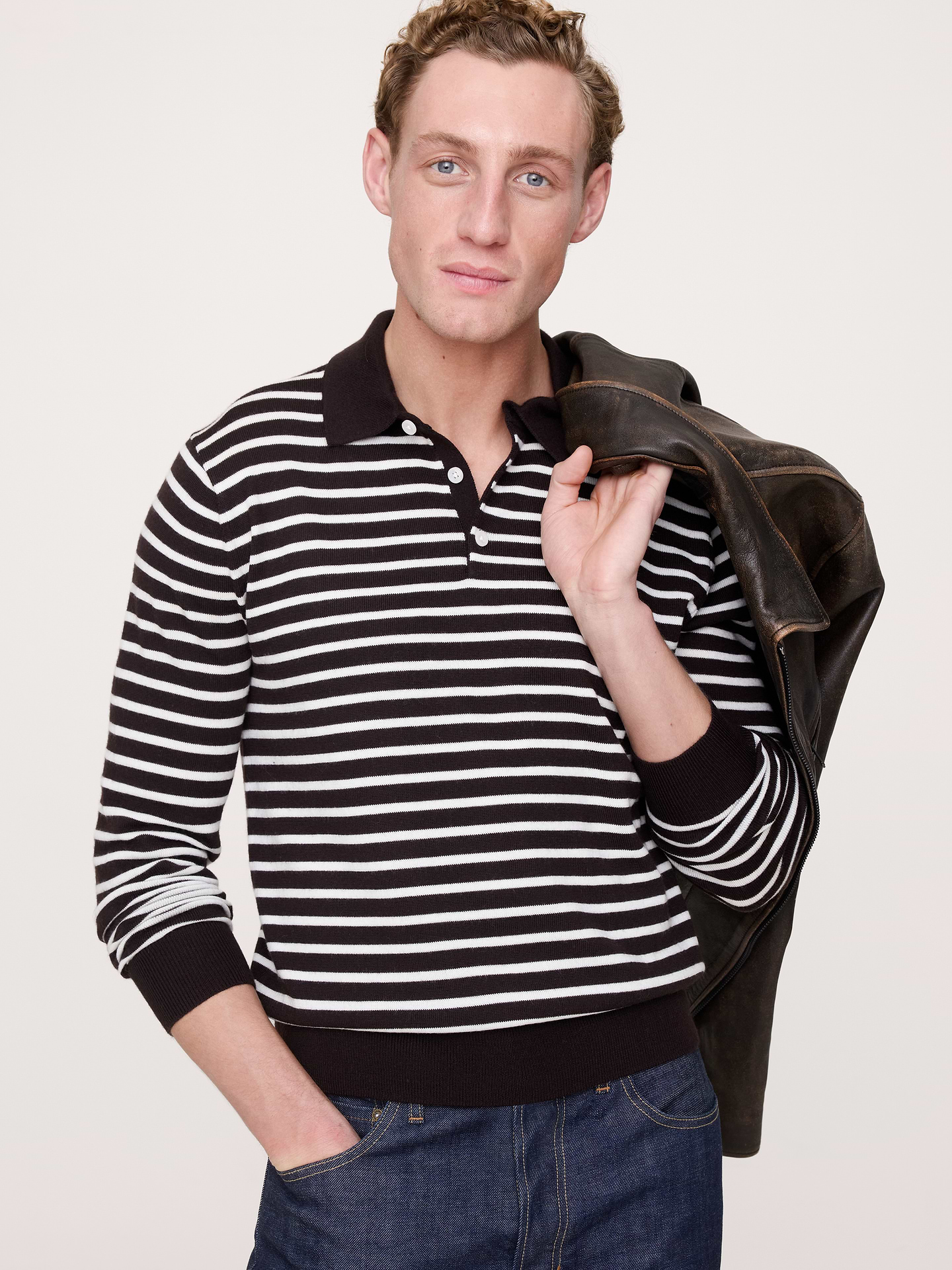 Image number 1 showing, Merino Stripe Long-Sleeve Sweater Polo