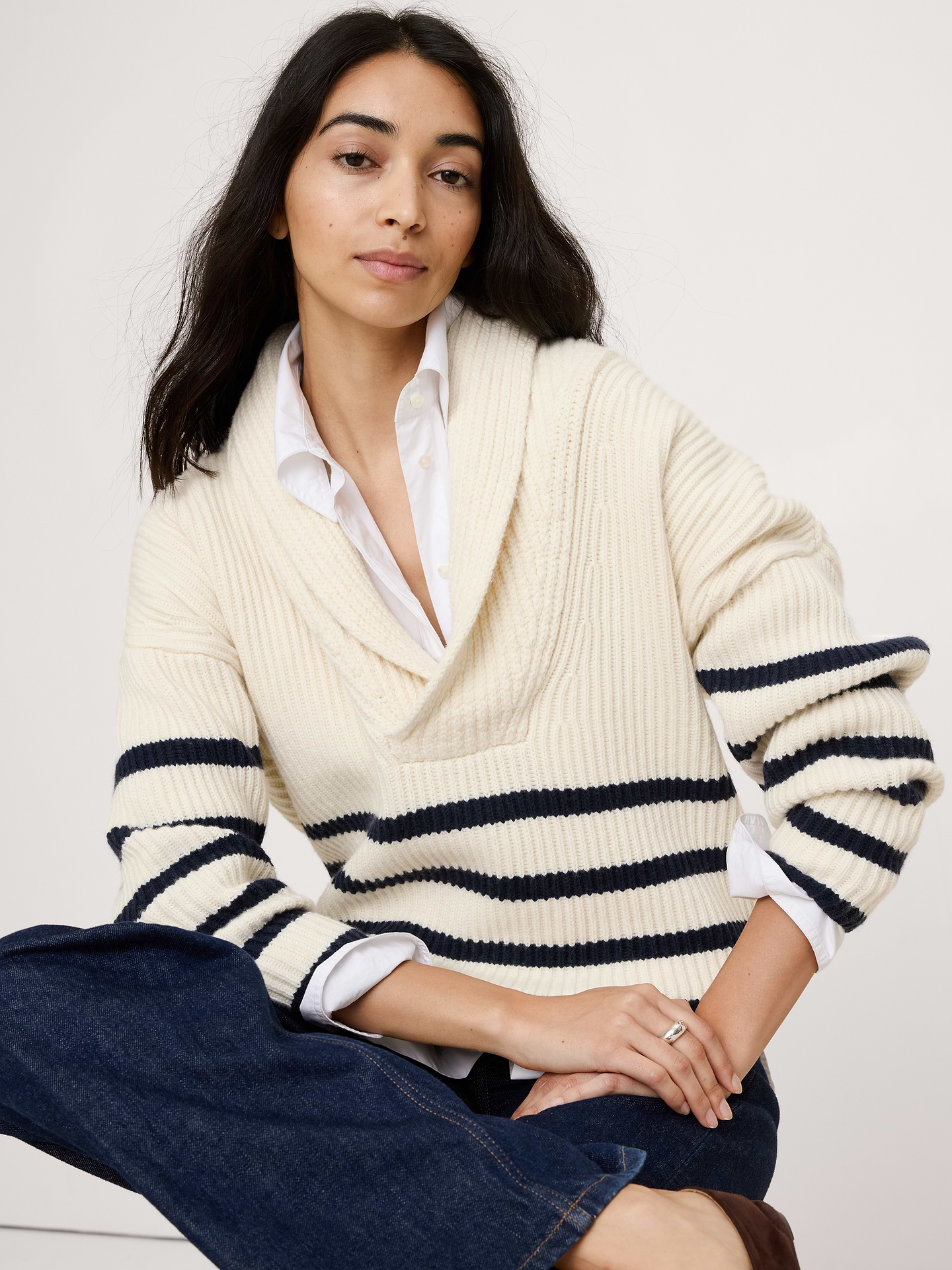 Image number 1 showing, Merino-Cotton Shawl-Collar Sweater