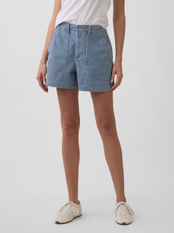 4" Mid Rise Stripe Soft Denim Utility Shorts