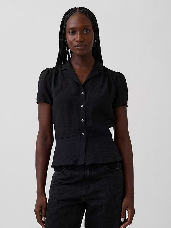 Sheer Button-Front Peplum Top