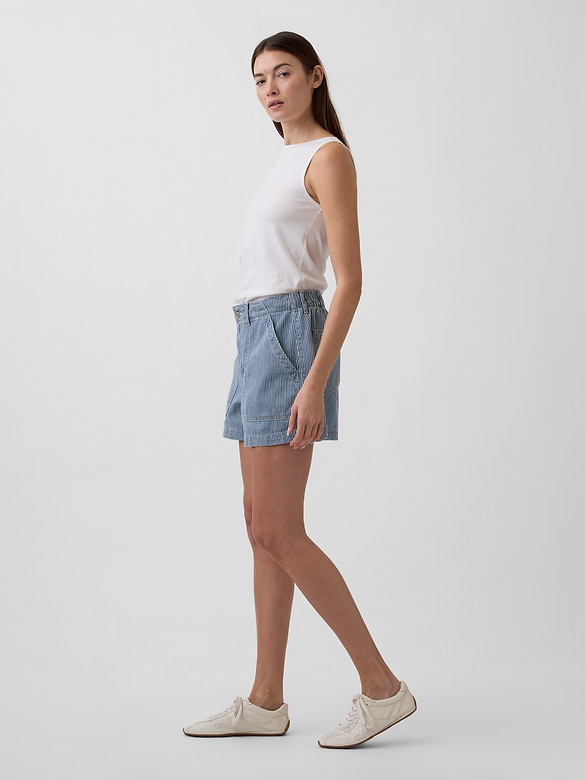 4" Mid Rise Stripe Soft Denim Utility Shorts