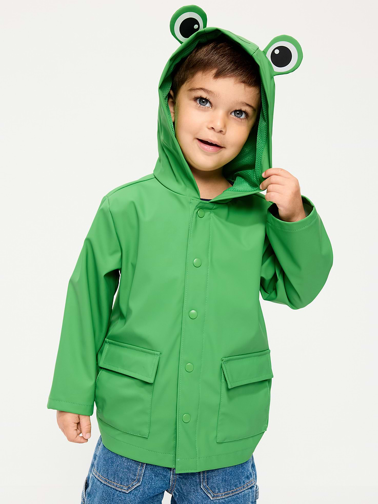 Image 1 of 4, built-in hood, frog "eyes" and "smile" at crown, long sleeves, decorative flap pockets at hem, full length snap-button, Product #863418