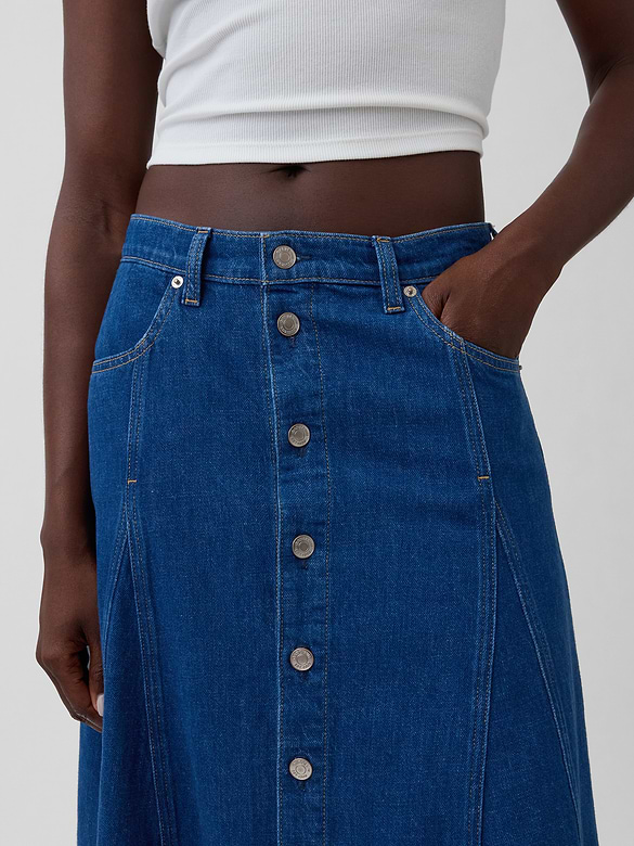 Seamed Denim Button-Front Maxi Skirt
