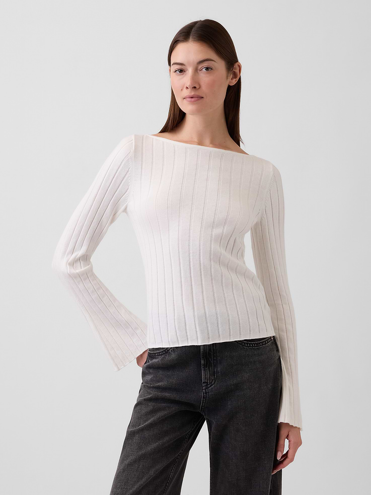Image 1 of 5, This product is made with/contains 5% recycled polyester. Compared to virgin materials, using recycled materials helps reduce resource use and waste., Ribbed cotton knit., Long bell sleeves., Boatneck., This product was made in a factory that invests in gender equity and women’s empowerment through RISE. Learn more at gapinc.com/equity., Product #1173335
