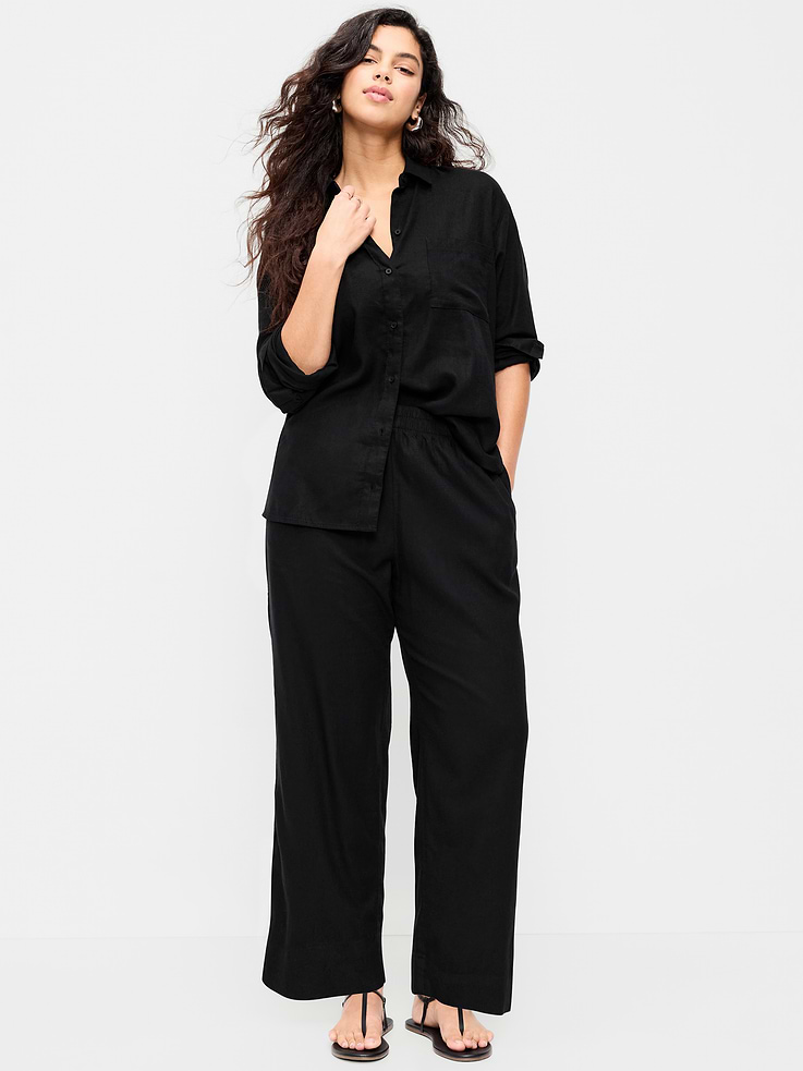 Image number 7 showing, High-Waisted Linen-Blend Straight Ankle Pants