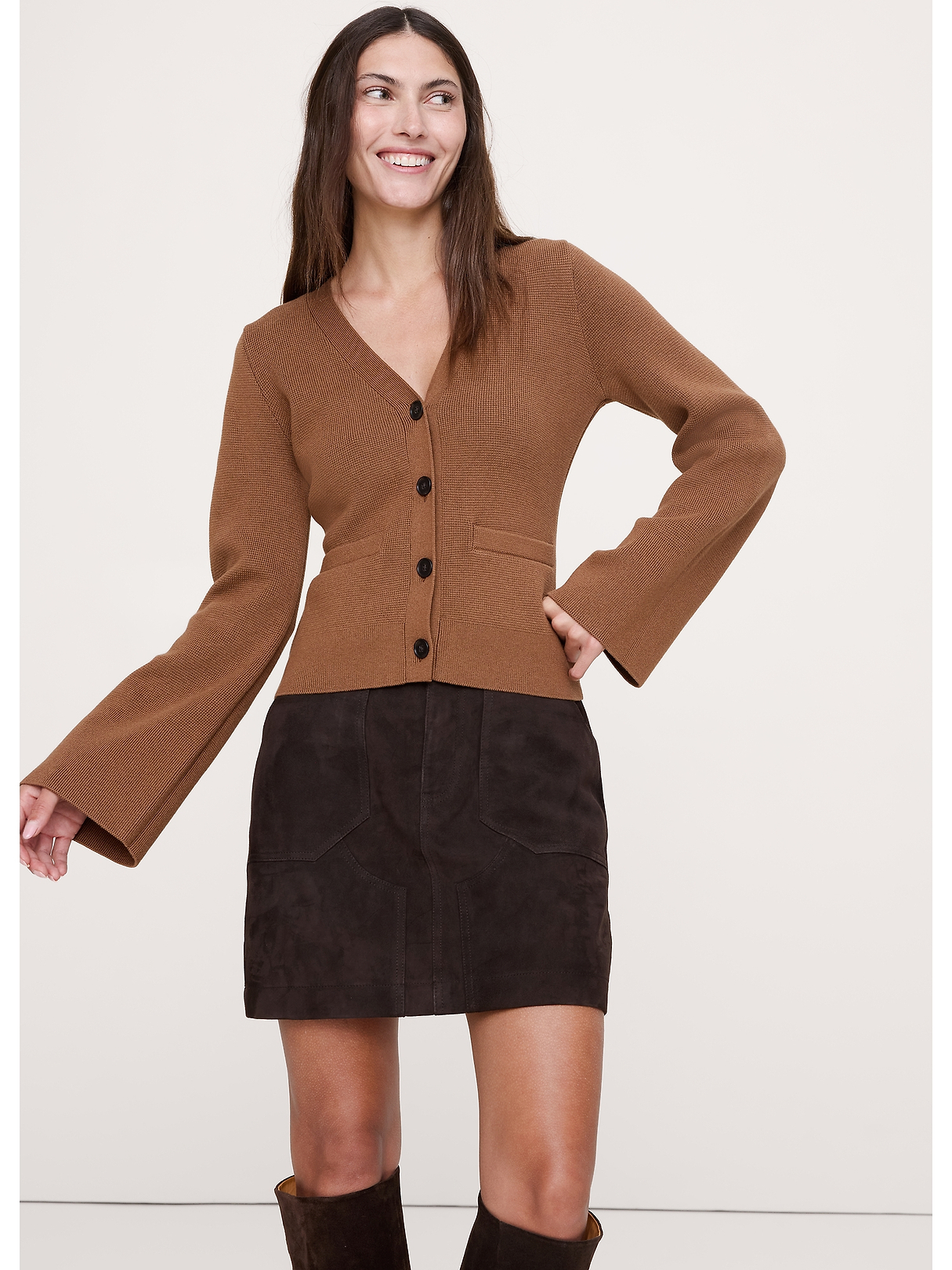 トップス Silk Cotton Cardigan BLK F Larkspur Cotton-Silk Flare-Sleeve Cardigan | Banana Republic