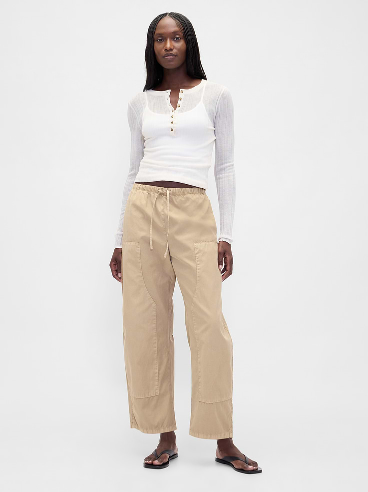 Image 1 of 6, Soft cotton poplin easy-on barrel pants., Elasticized waist with drawcords., Side welt pockets, back patch pockets., Double-knee design., Product #877649