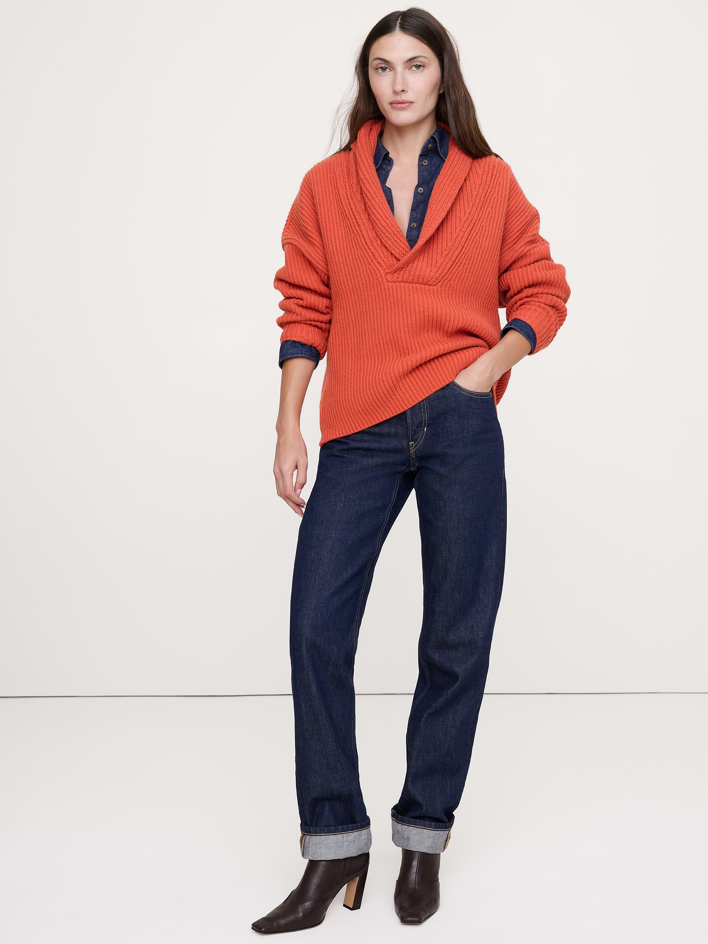 Image number 1 showing, Merino-Cotton Shawl-Collar Sweater