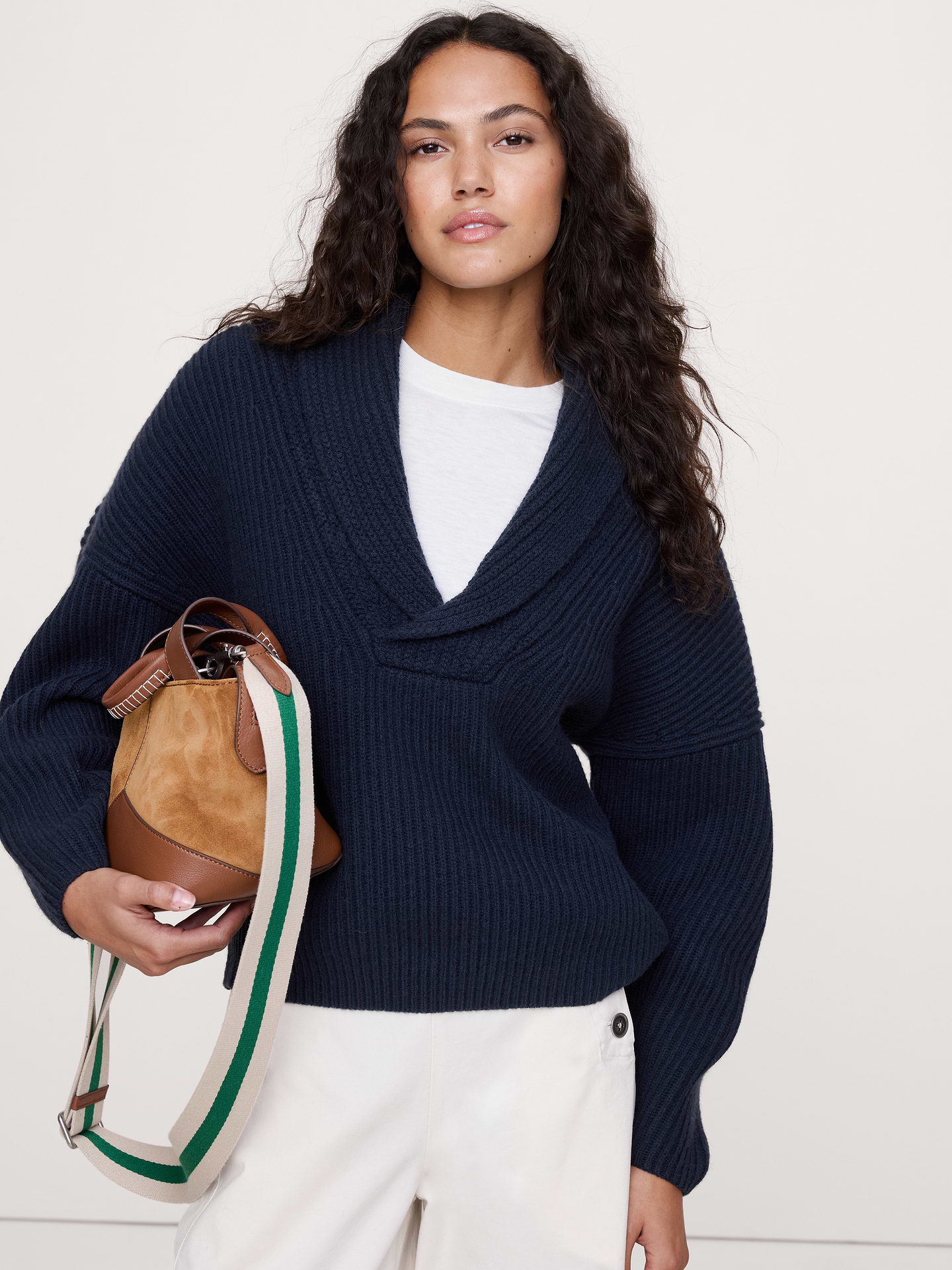 Image number 1 showing, Merino-Cotton Shawl-Collar Sweater