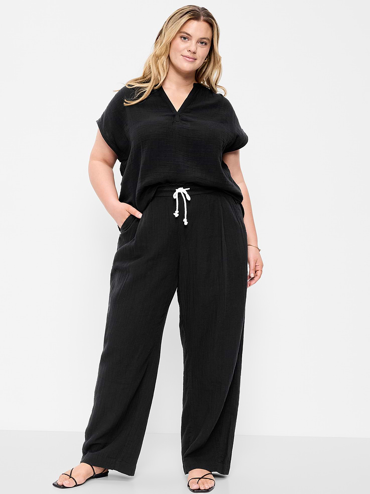 Image number 6 showing, High-Waisted Crinkle Gauze Barrel Ankle Pants