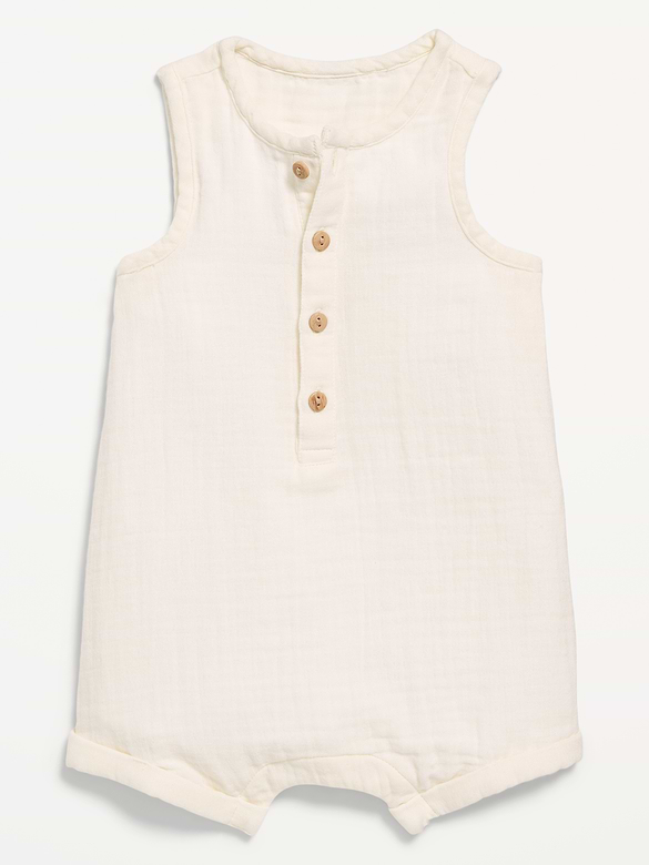 Sleeveless Double-Weave Henley One-Piece Romper for Baby