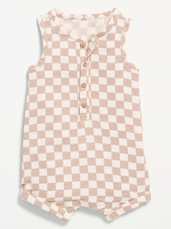 Sleeveless Double-Weave Henley One-Piece Romper for Baby
