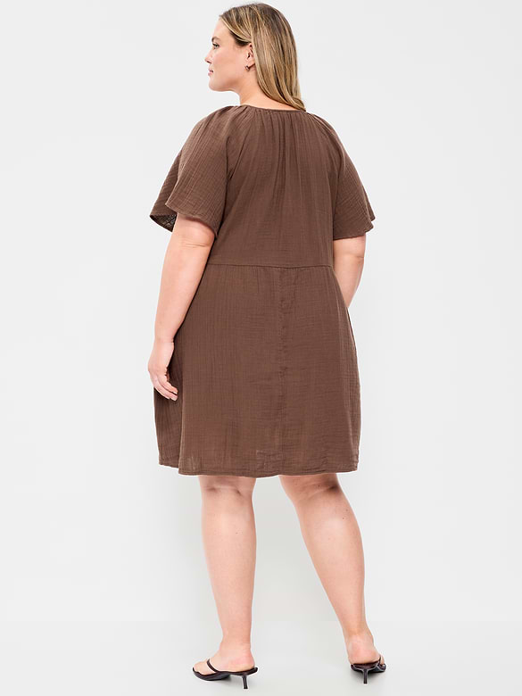 Crinkle Gauze Flutter-Sleeve Mini Swing Dress