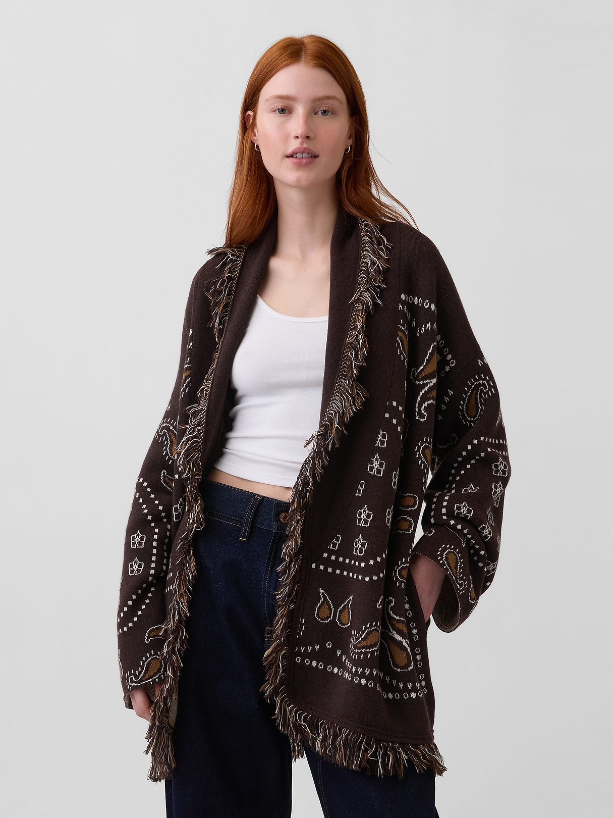 Cotton-Blend Fringe Shawl Cardigan | Gap