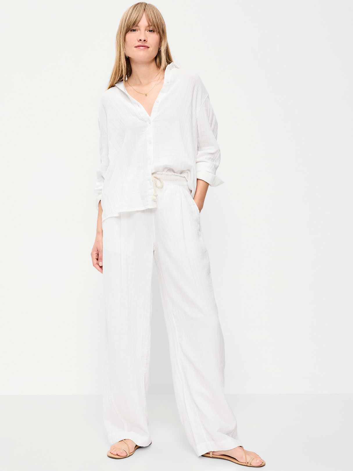 High-Waisted Crinkle Gauze Barrel Ankle Pants - White Lilies by Old Navy