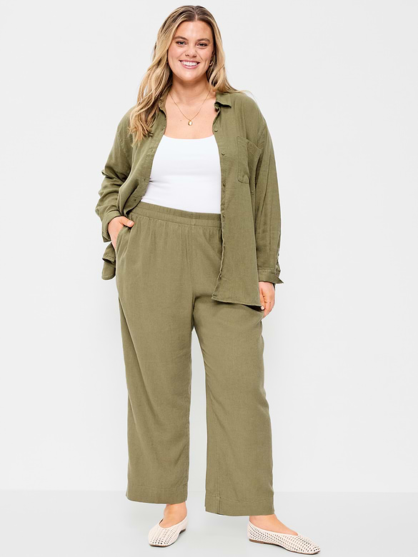 High-Waisted Linen-Blend Straight Ankle Pants