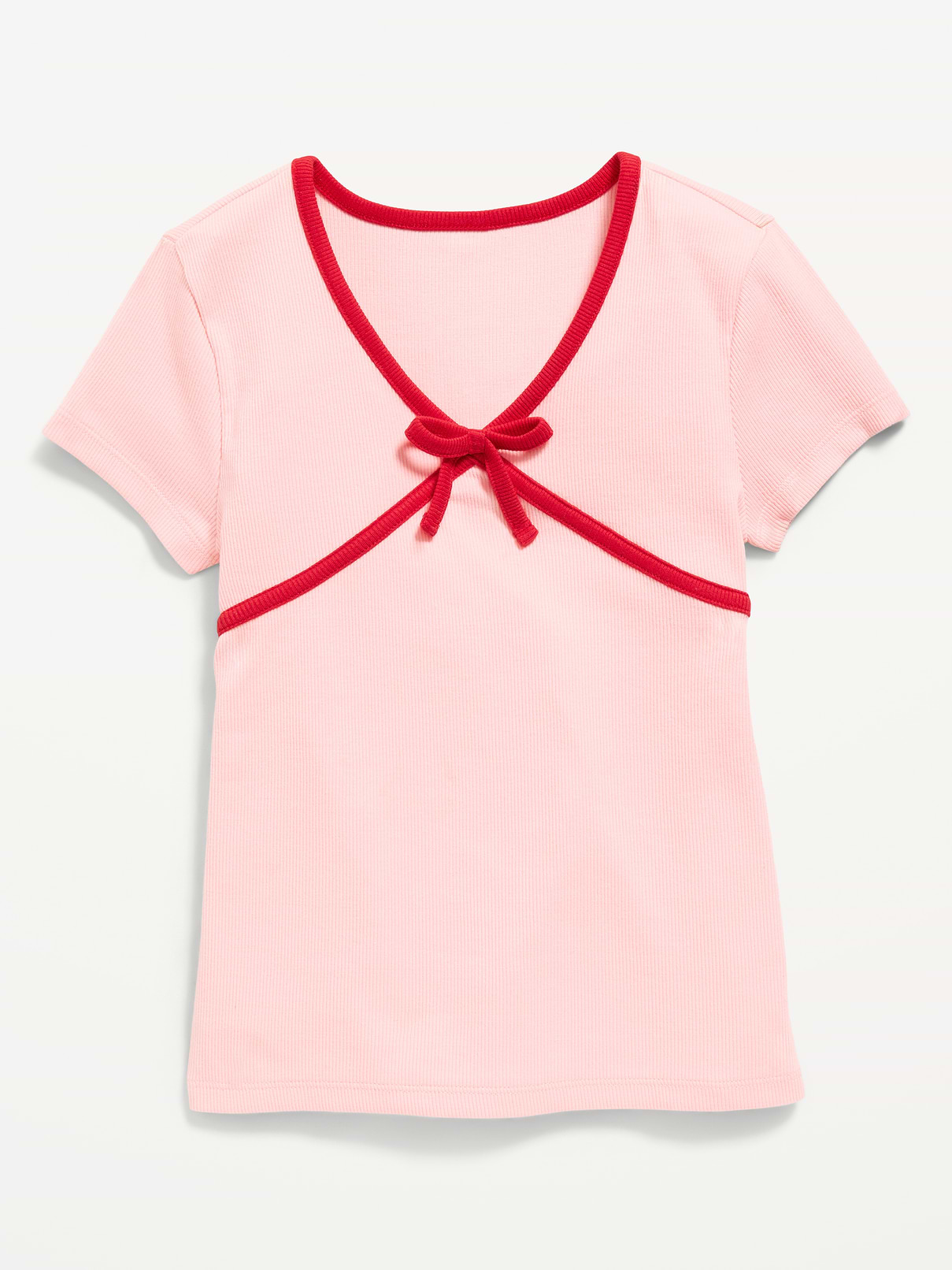 Image number 2 showing, Fitted Short-Sleeve Ribbed Bow Top for Girls