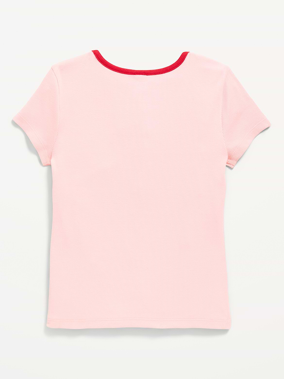 Fitted Short-Sleeve Ribbed Bow Top for Girls