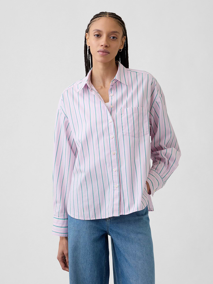 Image 1 of 5, Smooth poplin weave., Dropped shoulder, long sleeves with button cuffs., Spread collar, button front., Patch pocket at chest., Curved shirttail hem., Select styles have allover stripes., This product was made in a factory that invests in gender equity and women’s empowerment through RISE. Learn more at, Product #683344