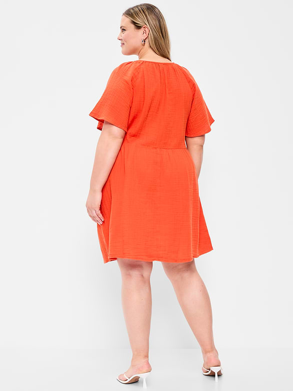 Crinkle Gauze Flutter-Sleeve Mini Swing Dress