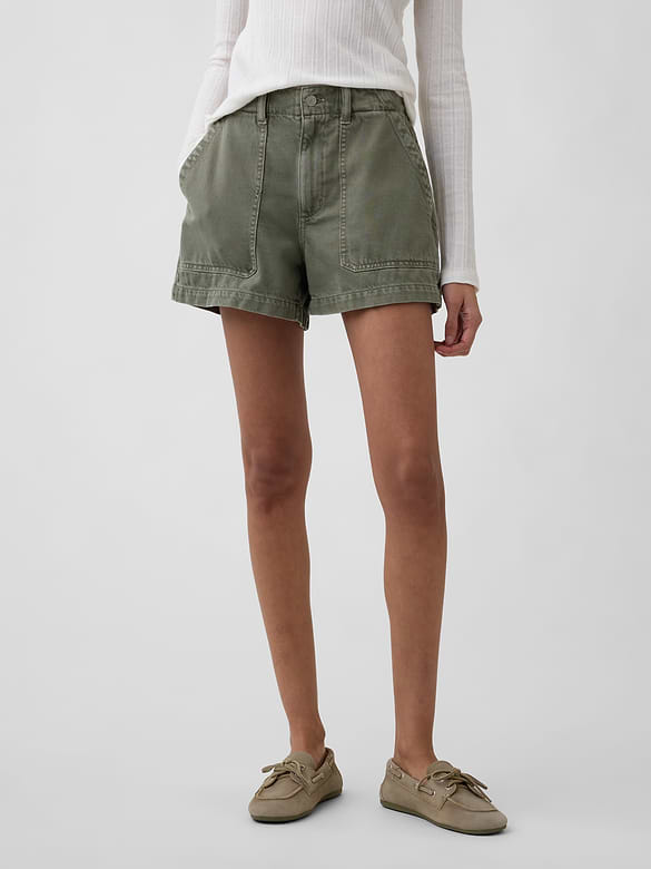 4" High Rise Soft Denim Utility Shorts