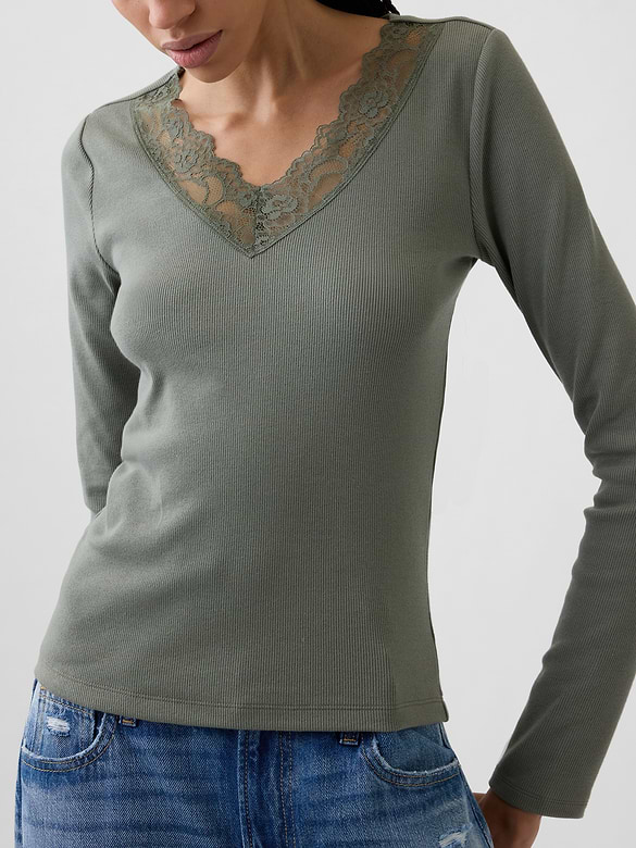 Ribbed Lace-Trim Top