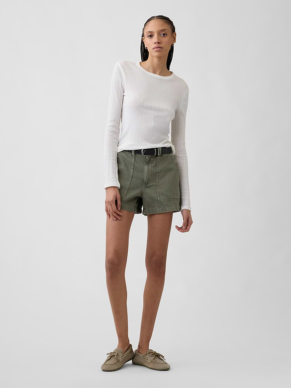 4" High Rise Soft Denim Utility Shorts