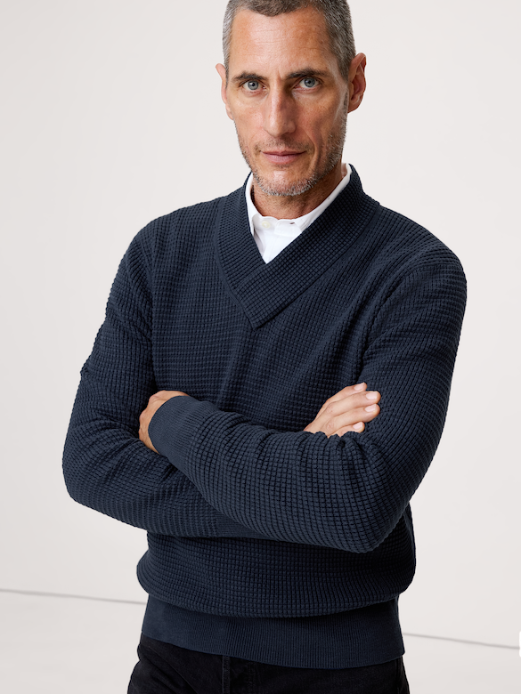 Cotton Thermal-Knit V-Neck Sweater