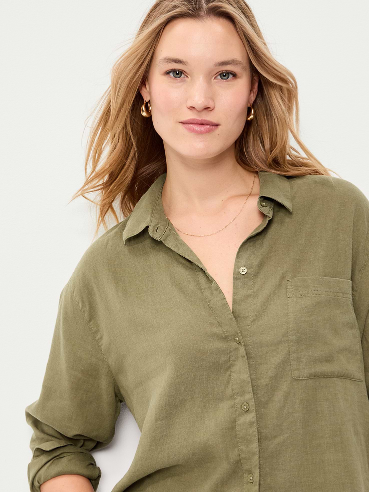 Image number 3 showing, Linen-Blend Loose Button-Down Shirt