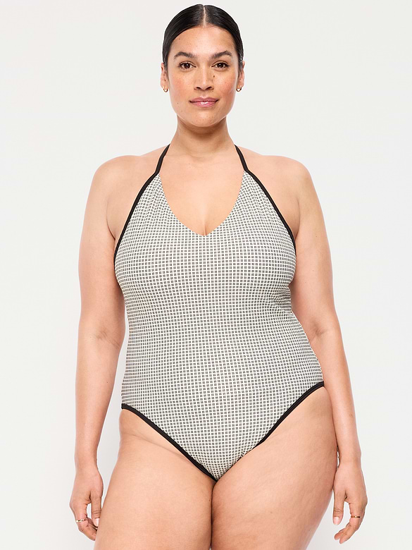 Pique V-Neck Halter Swimsuit